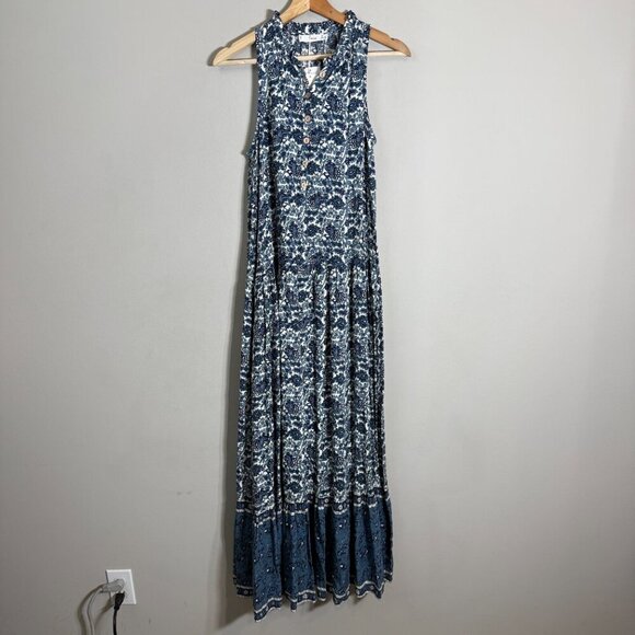 Mango Floral Paisley Print Button Up Tiered Maxi Dress Women's 2 Blue White NWT - Picture 5 of 16